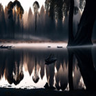 Tranquil forest silhouette with misty lake and boat