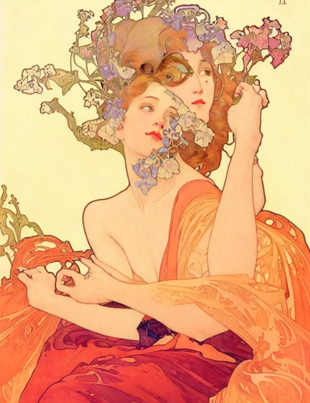 Art Nouveau Style Illustration of Two Women with Flowing Hair and Flowers in Orange Fabric