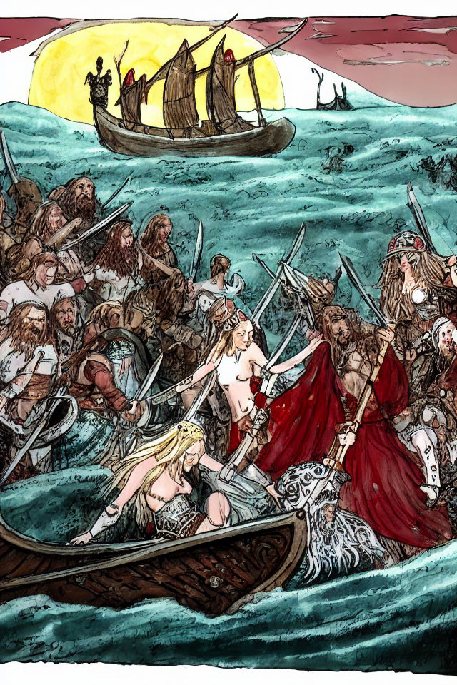 Viking warriors in boat with figure in red cape, under red sun.