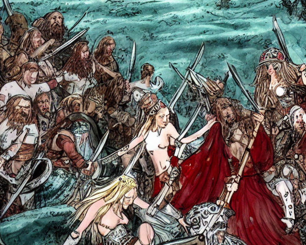 Viking warriors in boat with figure in red cape, under red sun.