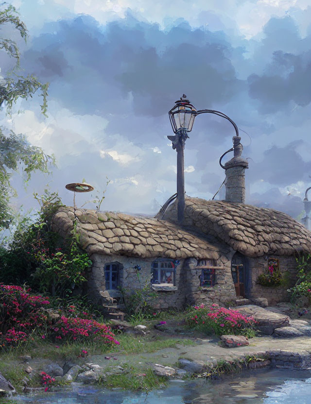 Thatched Roof Stone Cottage Surrounded by Blooming Flowers