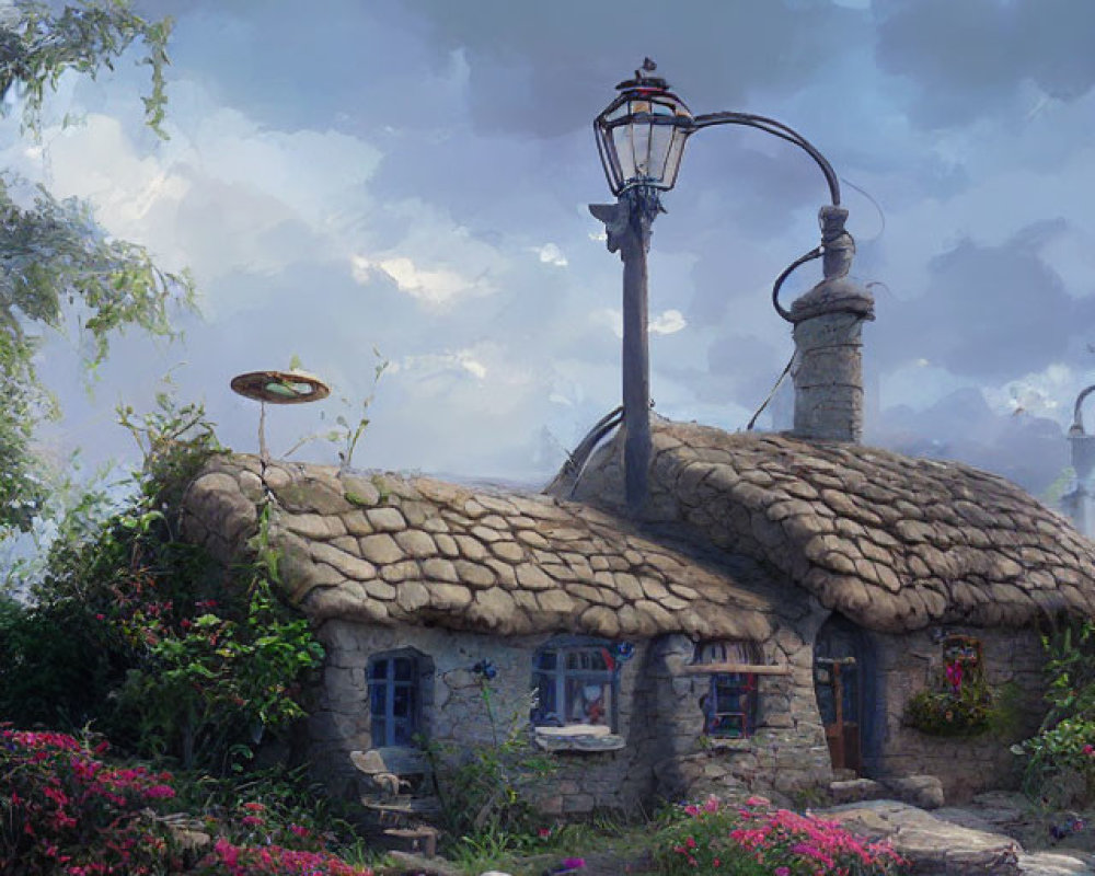 Thatched Roof Stone Cottage Surrounded by Blooming Flowers