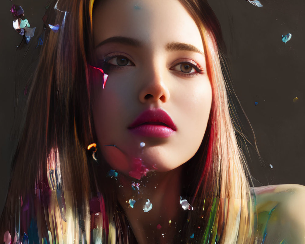 Vibrant paint splatters surround woman with striking makeup