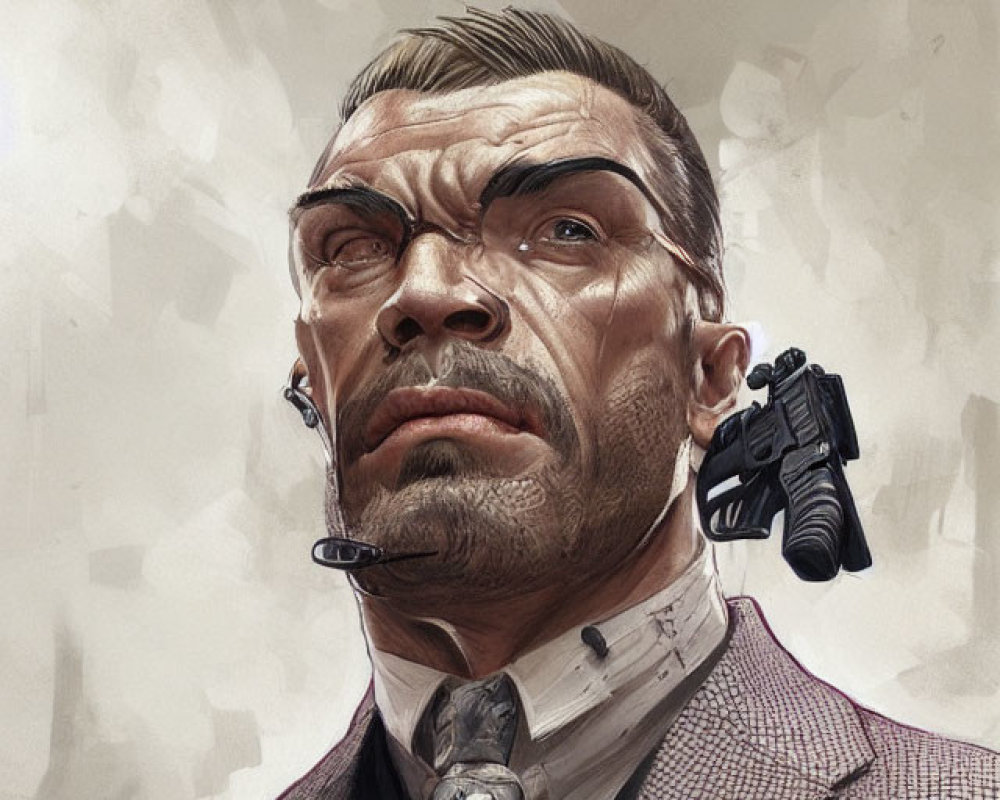 Man with gun at temple, earpiece, scarred face, suit & intense eyes