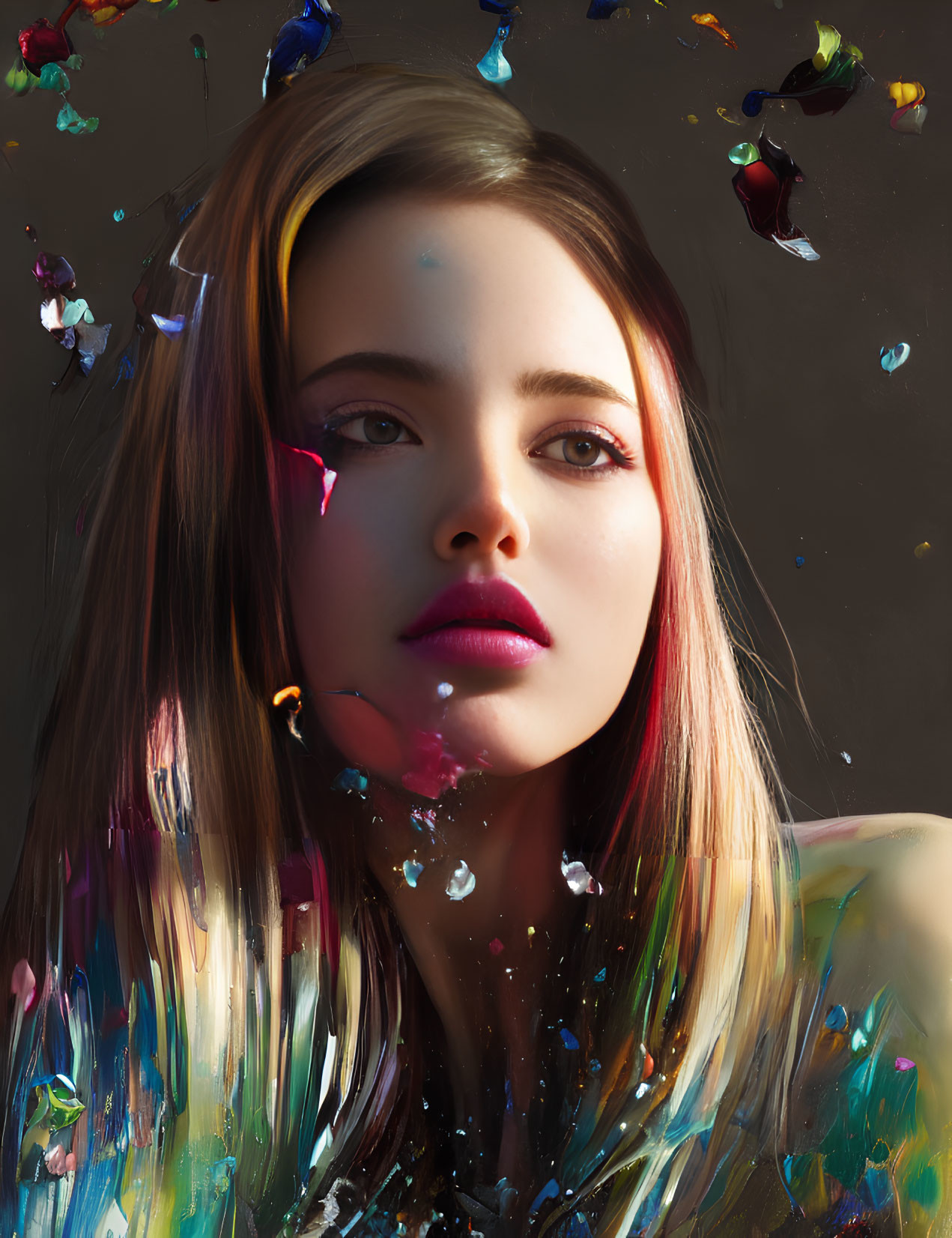 Vibrant paint splatters surround woman with striking makeup