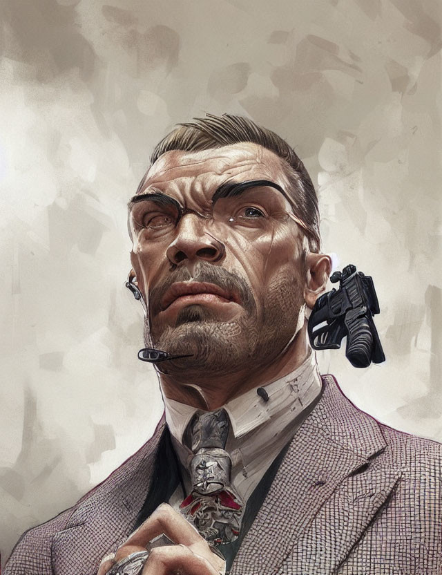 Man with gun at temple, earpiece, scarred face, suit & intense eyes