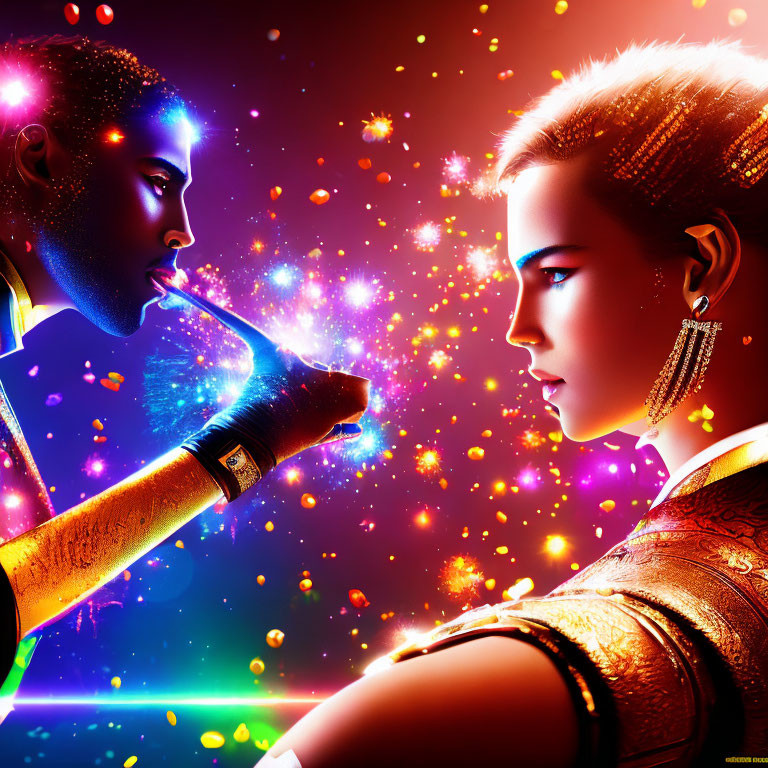 Colorful digital artwork of man and woman with glowing skin, facing each other against sparkling lights