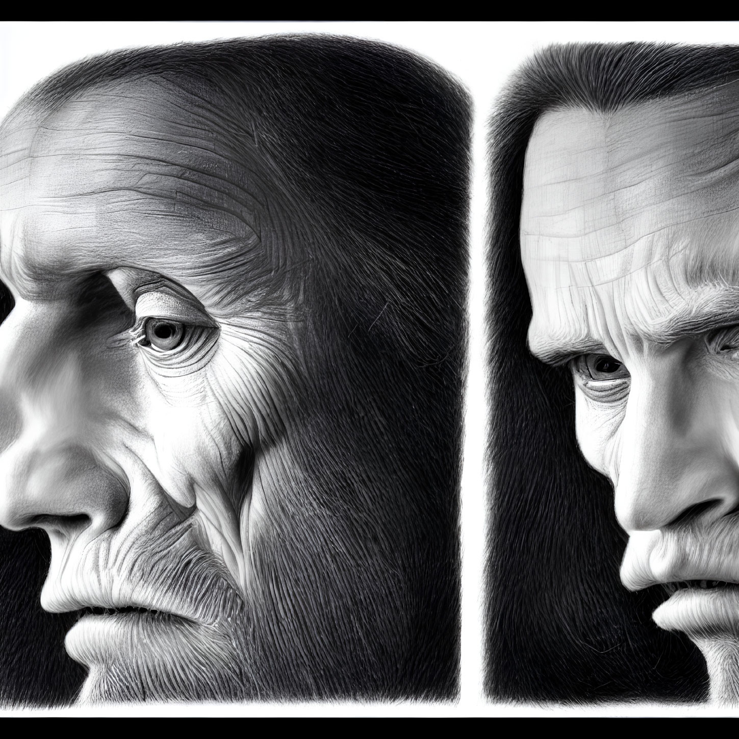 Monochrome illustration of two male faces in profile, one old with wrinkles, the other young with be