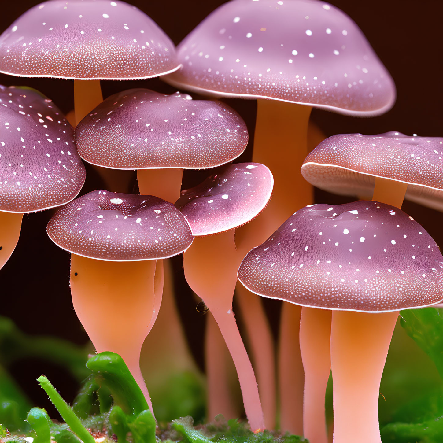 Shiny purple mushrooms with white speckles in green foliage