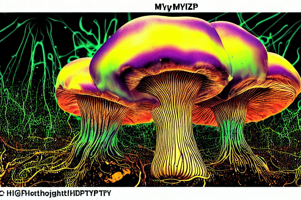 Vibrant neon-colored psychedelic mushroom illustration on dark background