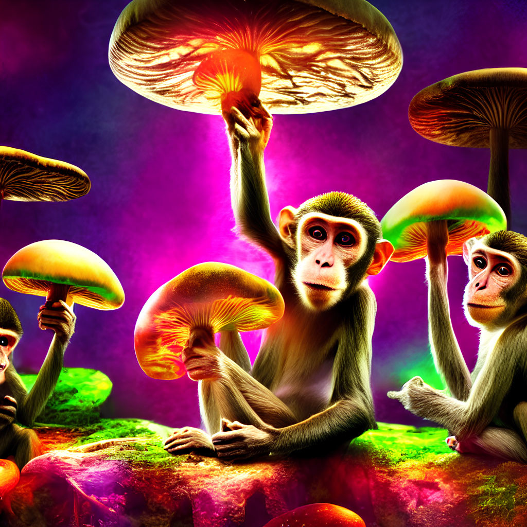 Vibrant illustration: monkeys with human-like expressions and oversized, luminescent mushrooms in mystical setting