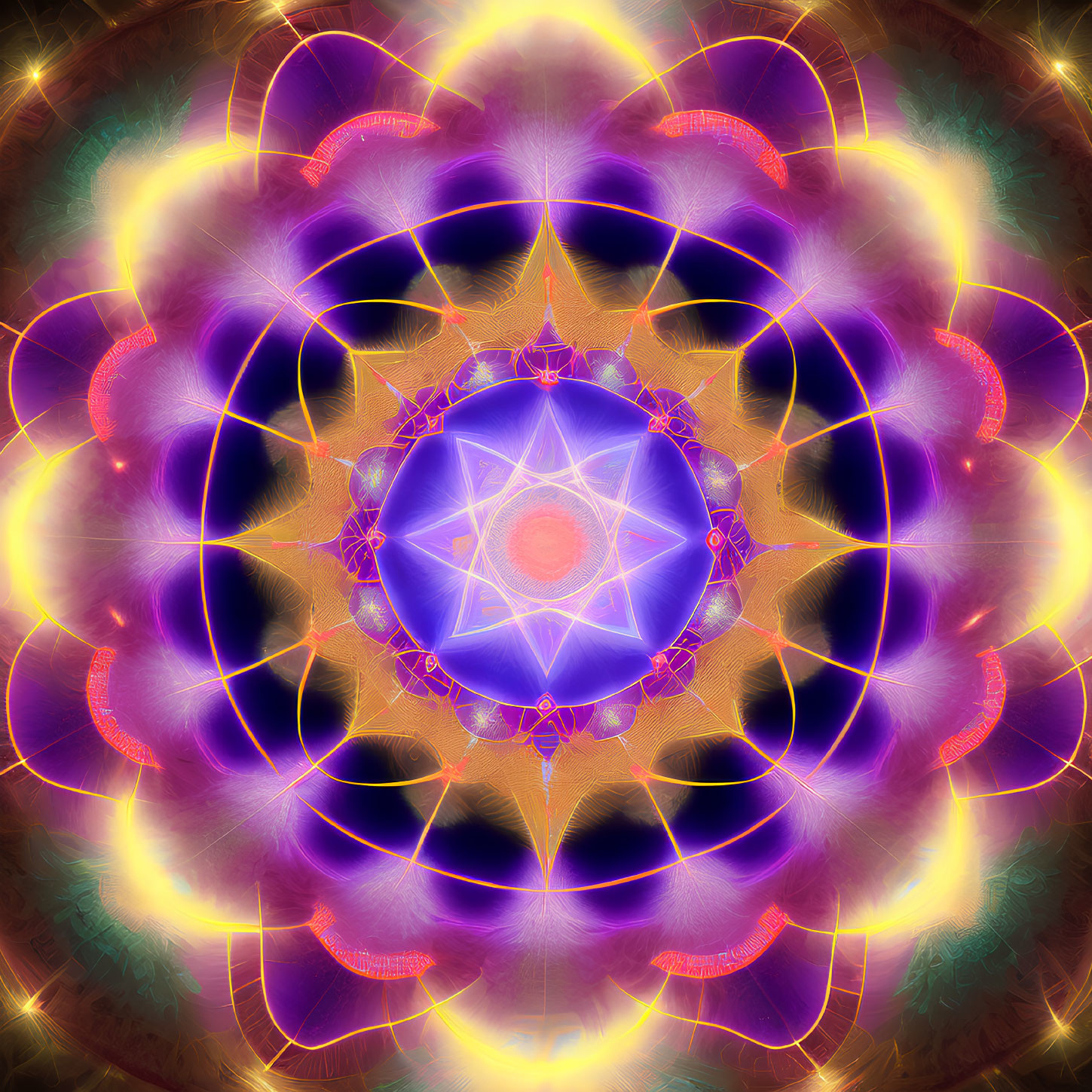 Colorful Mandala Design in Purple, Blue, Orange, and Yellow