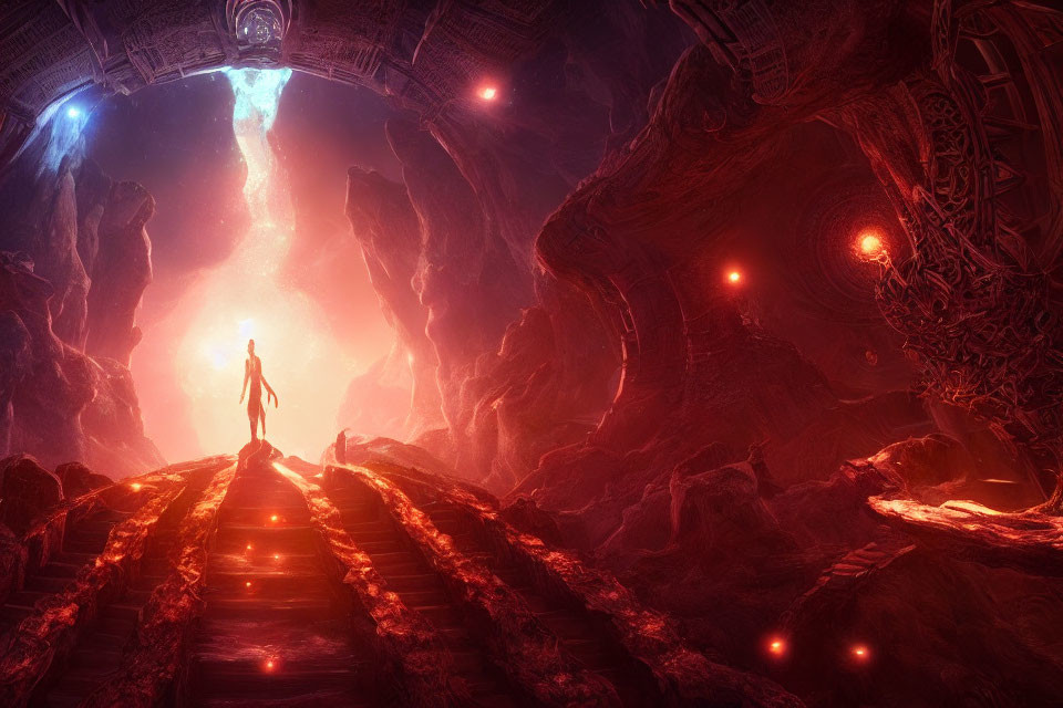 Mysterious cavern entrance with lone figure and warm glow