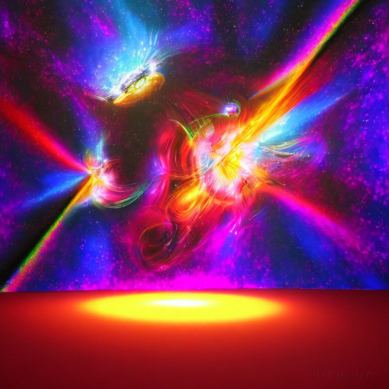 Colorful digital artwork: Two galaxies collide in cosmic explosion