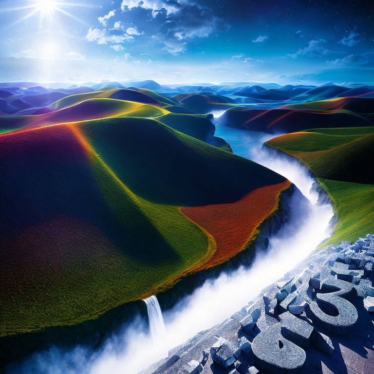 Vibrant rolling hills, meandering river, sunlit sky, misty waterfall