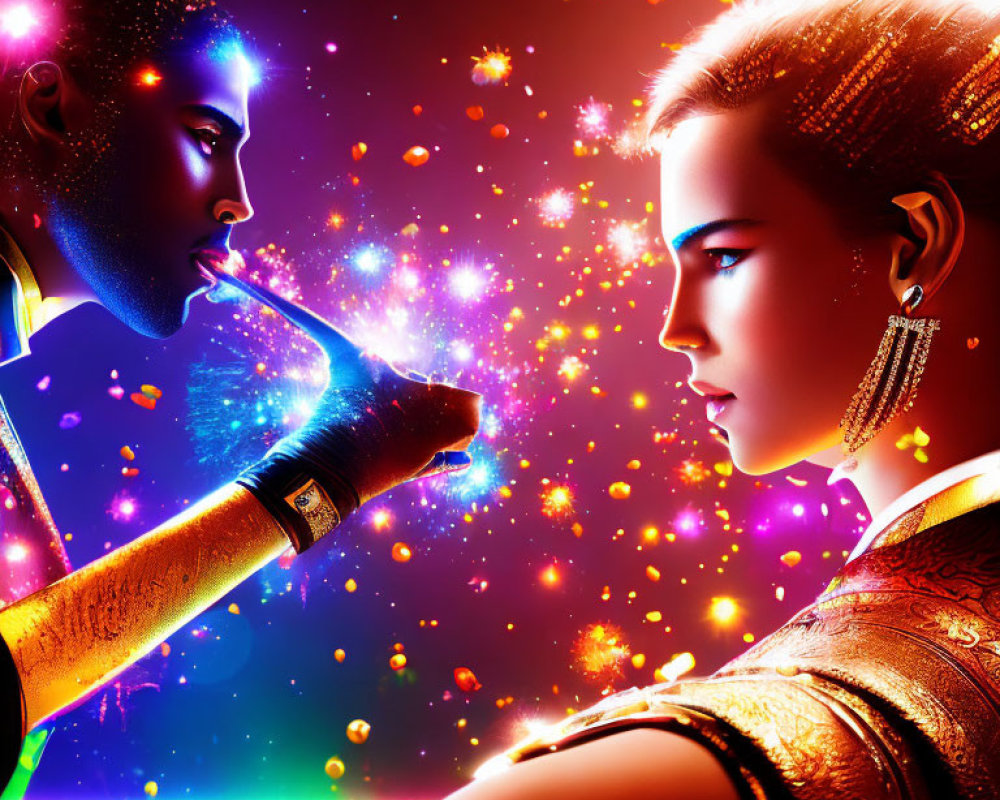 Colorful digital artwork of man and woman with glowing skin, facing each other against sparkling lights