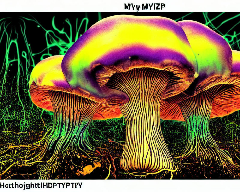 Vibrant neon-colored psychedelic mushroom illustration on dark background