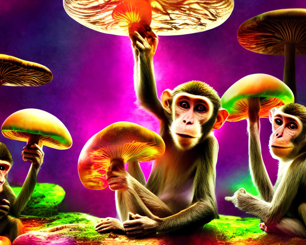 Vibrant illustration: monkeys with human-like expressions and oversized, luminescent mushrooms in mystical setting