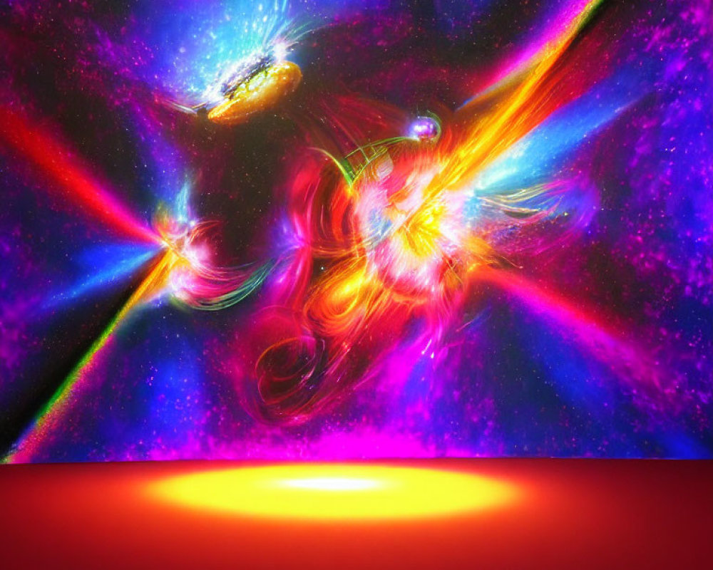 Colorful digital artwork: Two galaxies collide in cosmic explosion