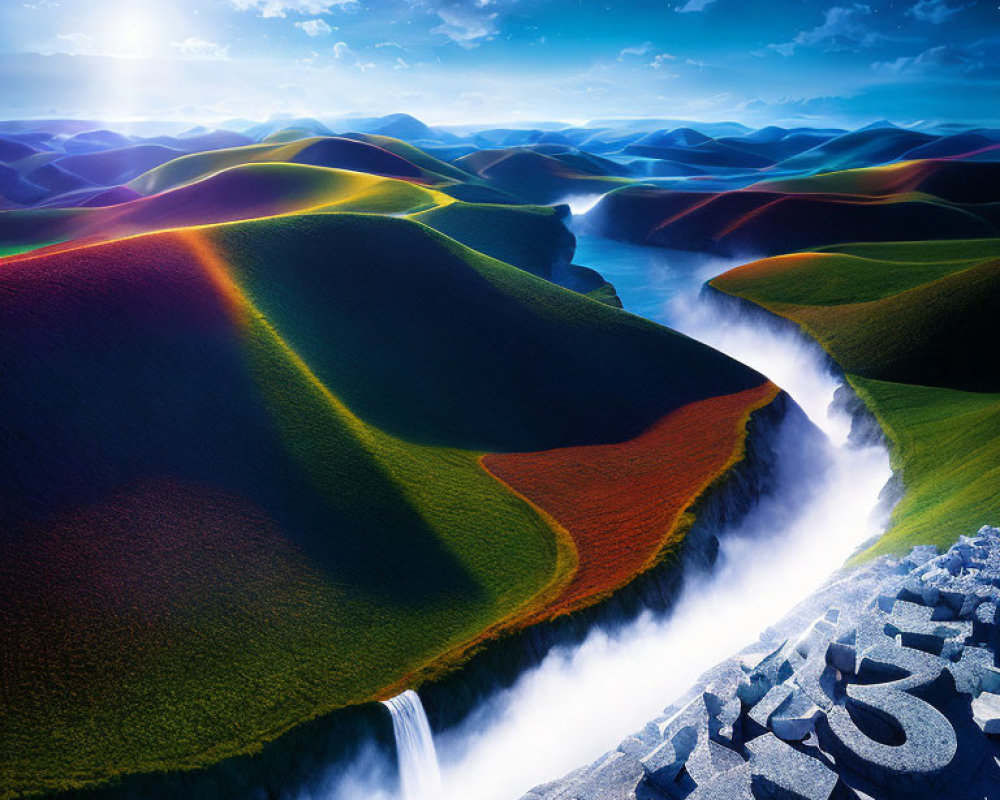 Vibrant rolling hills, meandering river, sunlit sky, misty waterfall