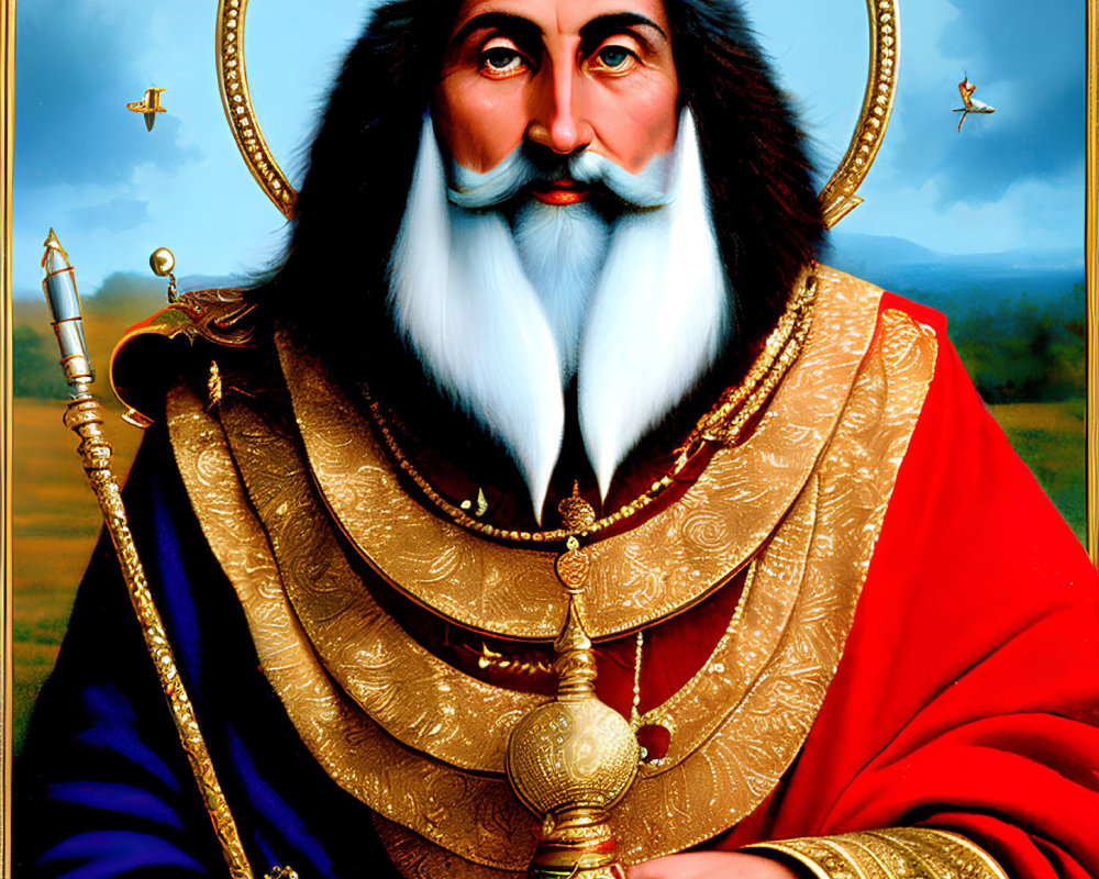 Regal man with white beard in golden crown and royal attire holding orb and scepter