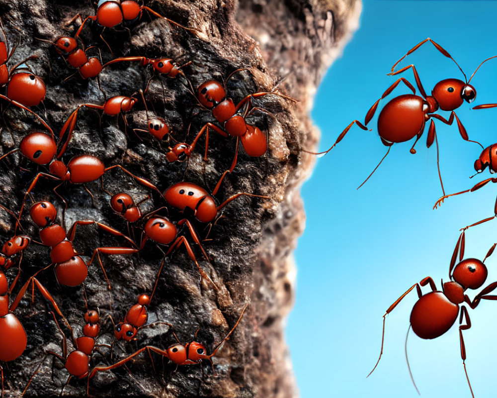 Vibrant red ants on textured tree bark with clear blue sky