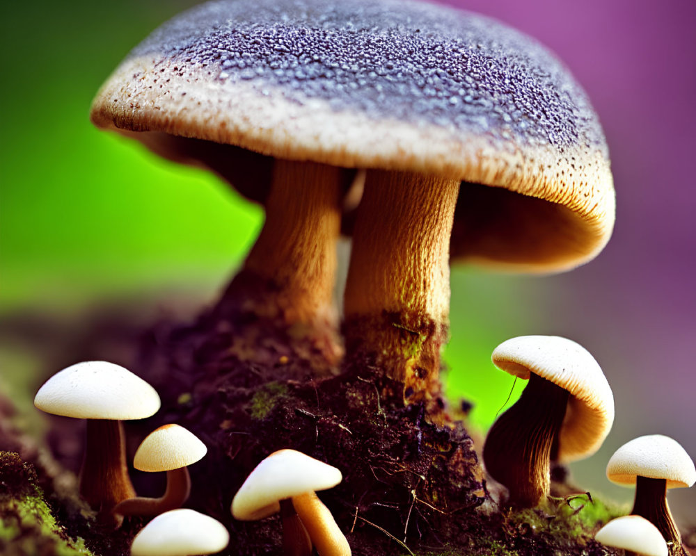 Various Sized Mushrooms Close-Up on Vibrant Mossy Ground