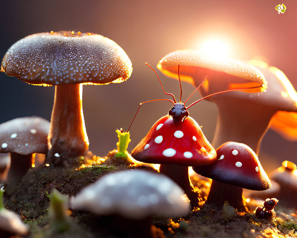 Red Mushroom Cap with Ladybug Surrounded by White-Spotted Mushrooms