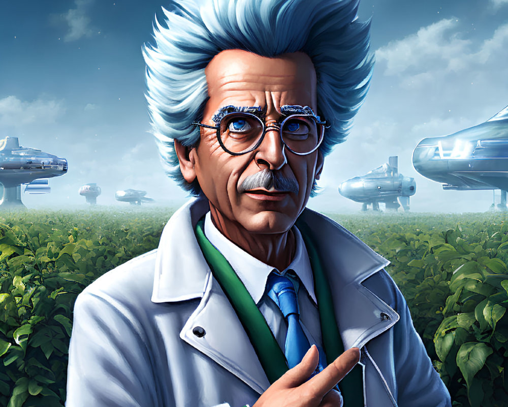 Surprised Scientist with Blue Hair and Glasses in Futuristic Setting