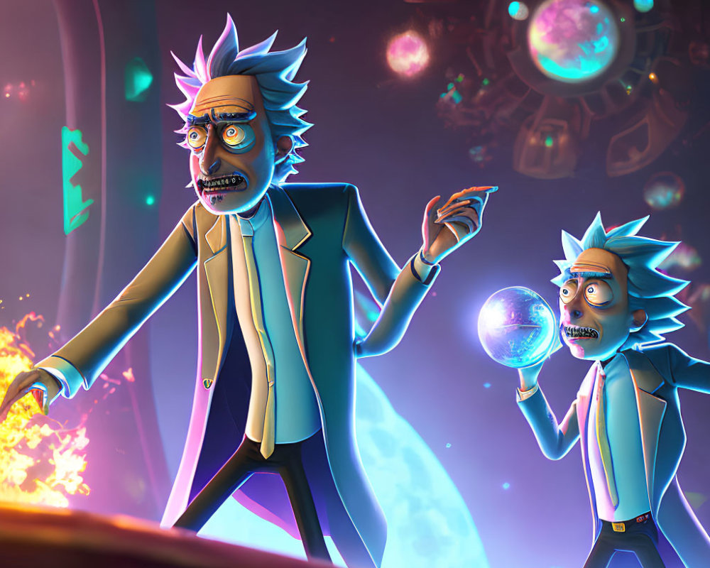 Animated scientist characters in futuristic cosmic scene