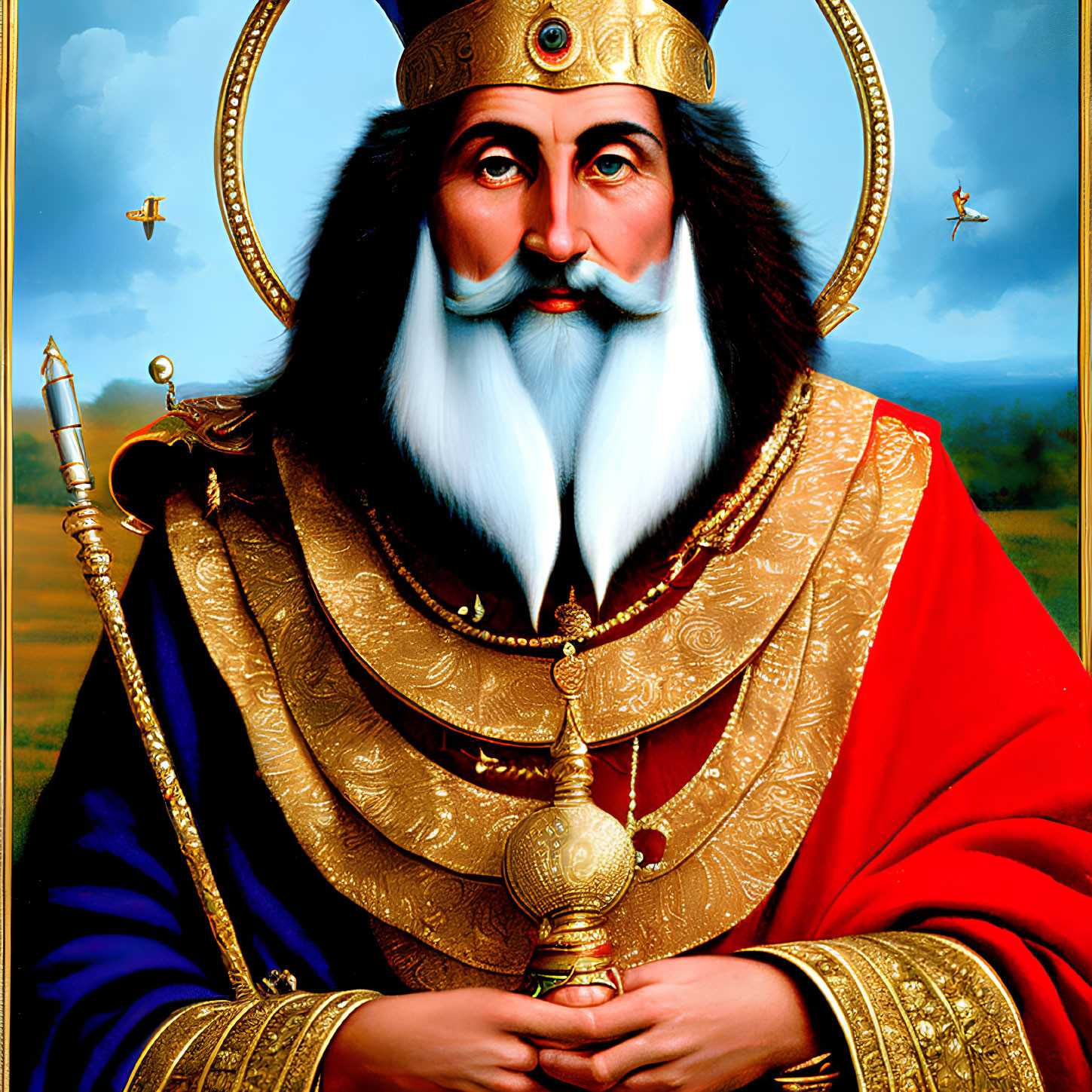 Regal man with white beard in golden crown and royal attire holding orb and scepter