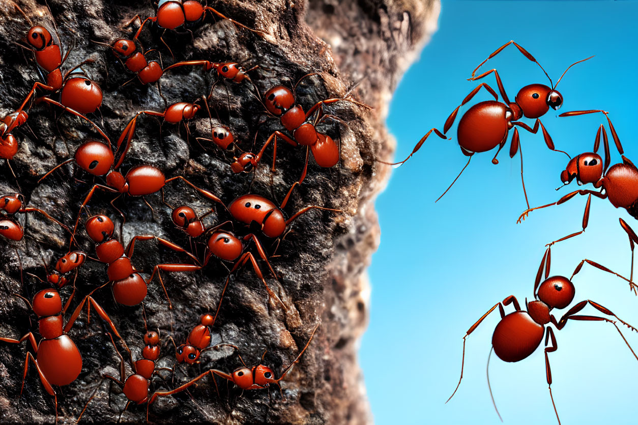 Vibrant red ants on textured tree bark with clear blue sky