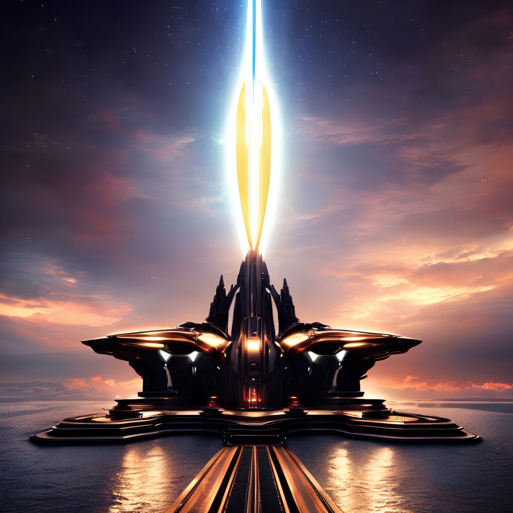 Futuristic structure with radiant beam in twilight sky above serene seascape