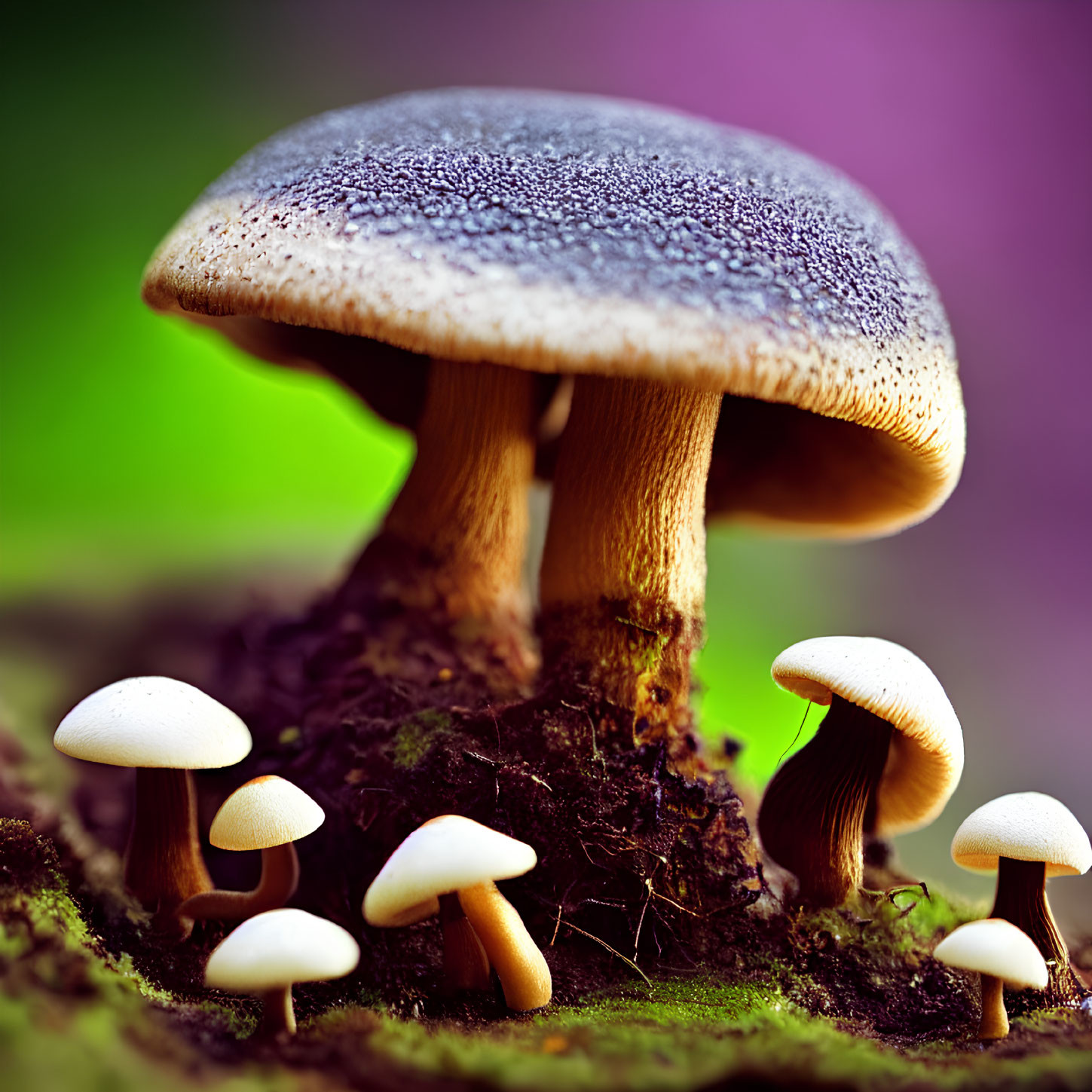 Various Sized Mushrooms Close-Up on Vibrant Mossy Ground