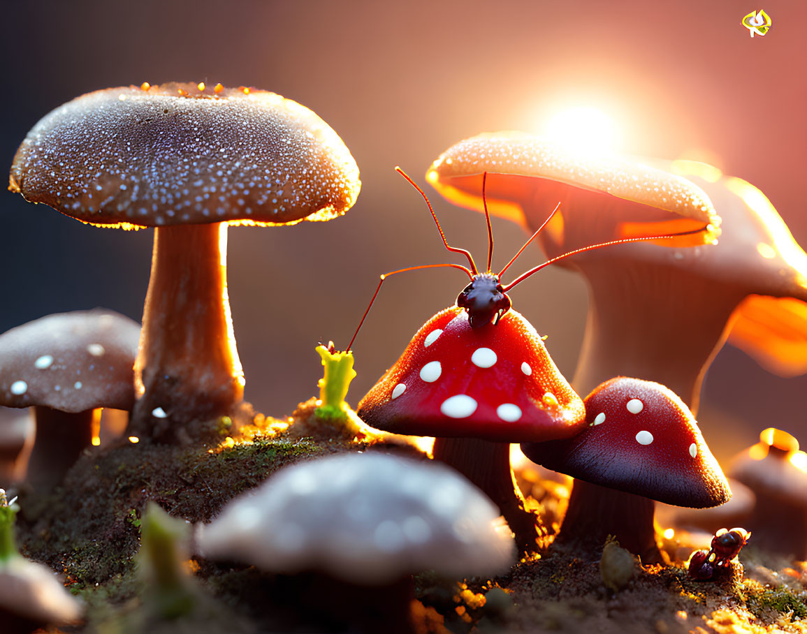 Red Mushroom Cap with Ladybug Surrounded by White-Spotted Mushrooms