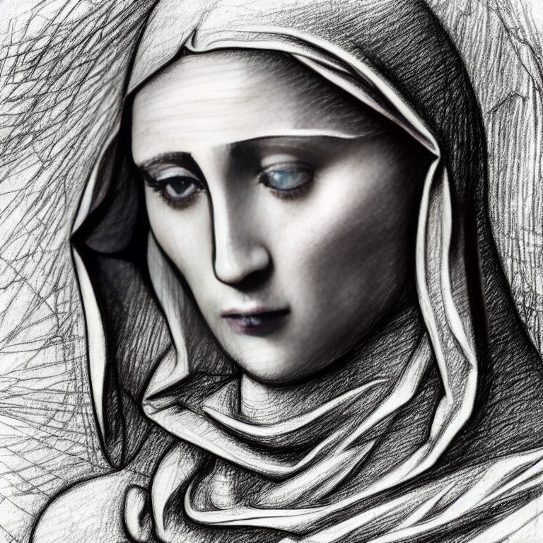 Detailed pencil drawing of a sorrowful woman in headscarf