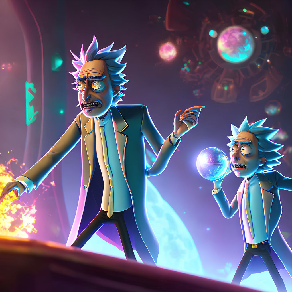 Animated scientist characters in futuristic cosmic scene