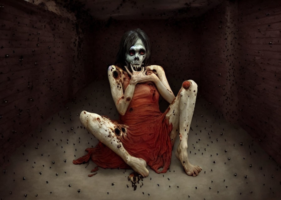 Person with skeleton face makeup in red dress surrounded by darkness and black objects.