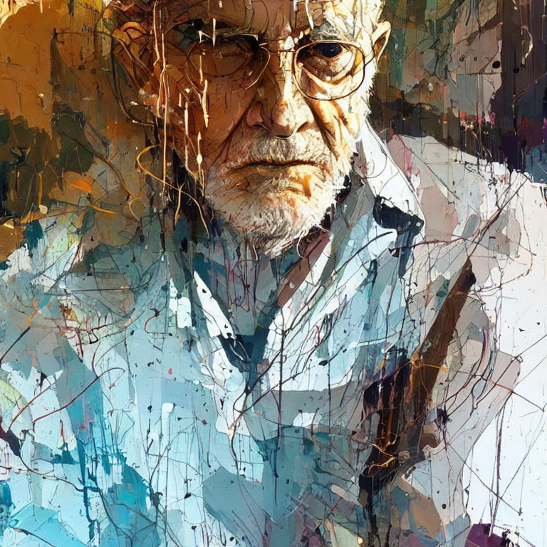 Colorful Abstract Portrait of Elderly Man with Intense Gaze and Vibrant Brush Strokes