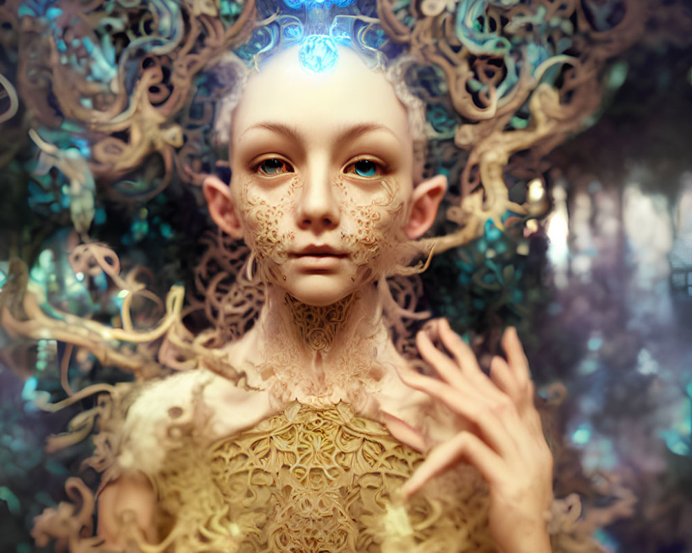 Intricate golden antlers and glowing blue gem on fantastical being in forest portrait