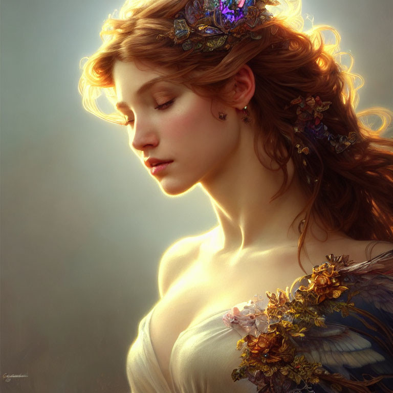 Serene woman with floral crown in soft glow