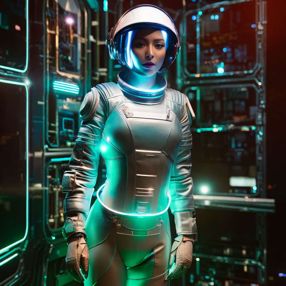 Futuristic female figure in silver space suit with neon accents in front of high-tech server backdrop