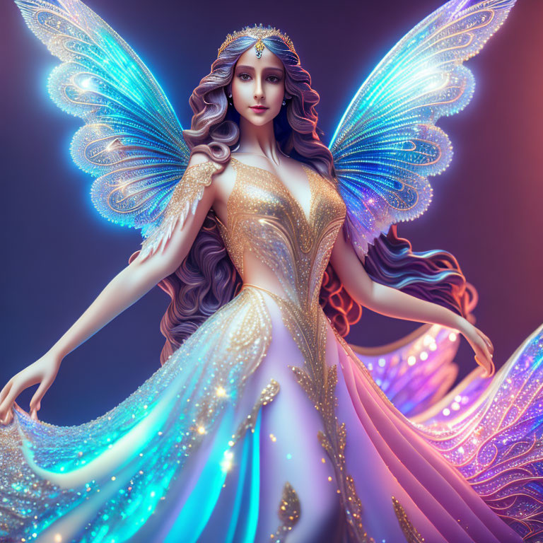 Majestic fairy with butterfly wings in glowing dress on purple backdrop