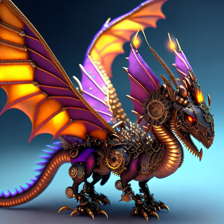 Detailed mechanical dragon with golden armor and colorful wings