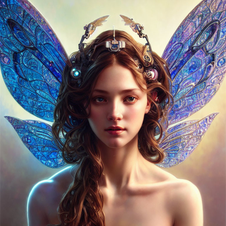 Digital Artwork: Woman with Mechanical Butterfly Wings and Metal Adornments