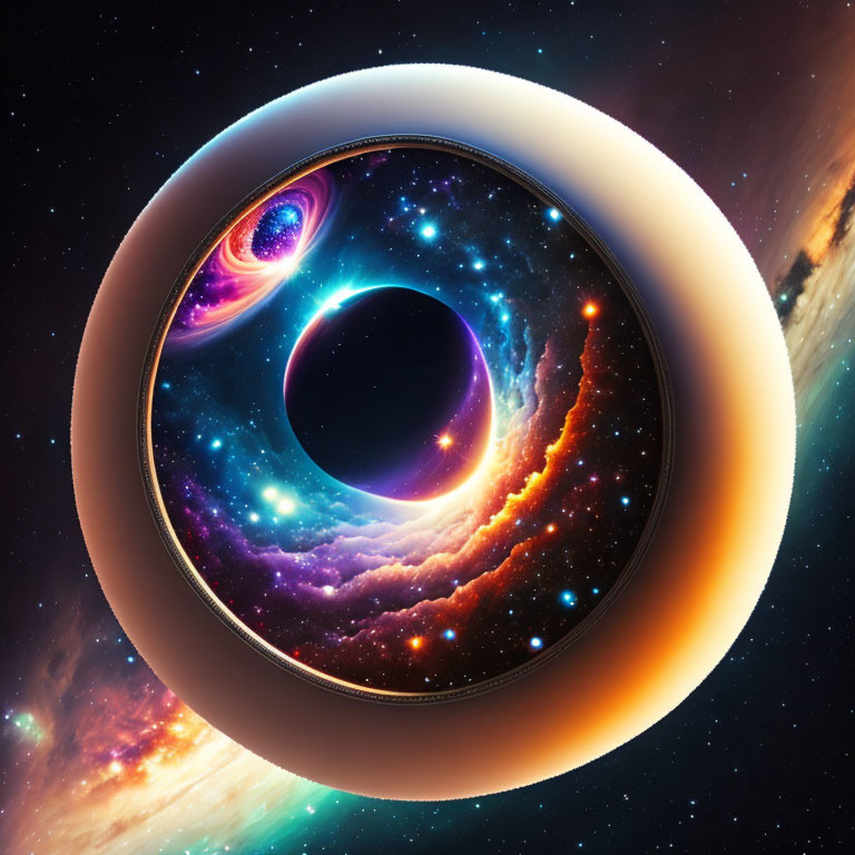 Surreal cosmic image with black hole, galaxies, nebulas, ring structure, and star