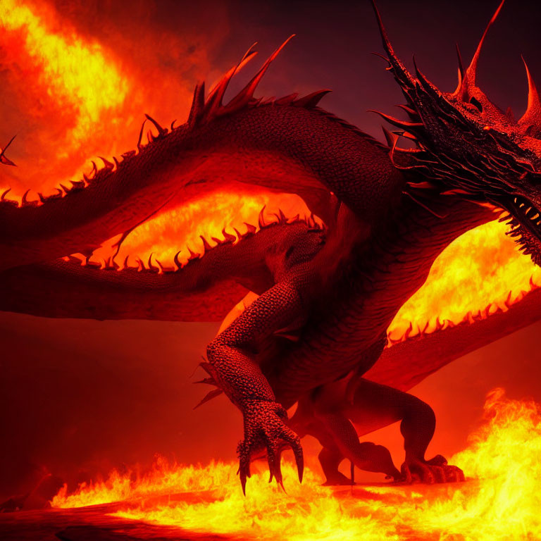 Majestic dragon in flames with outstretched wings