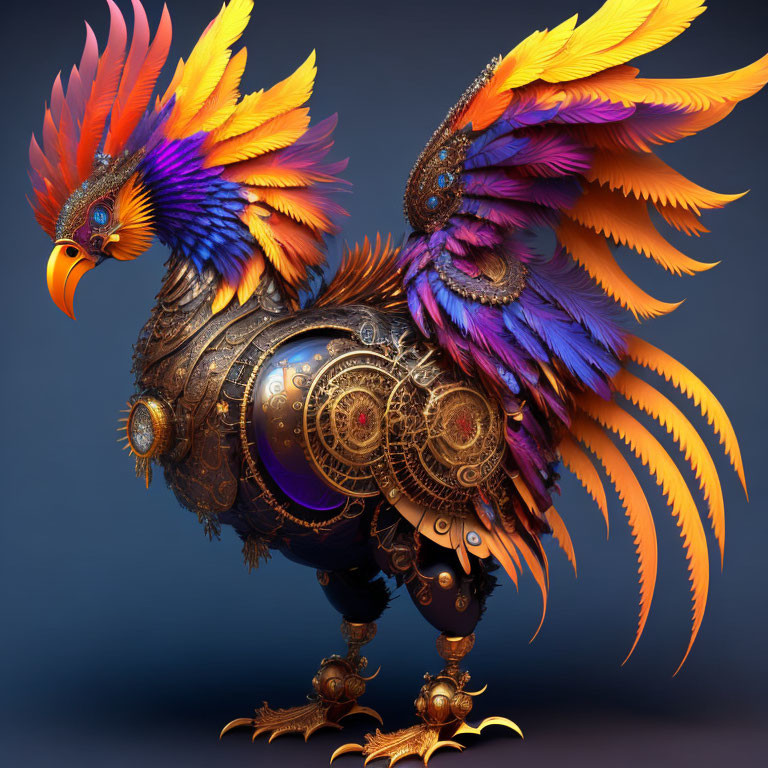 Colorful Mechanical Bird with Intricate Design on Blue Background