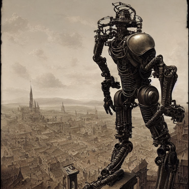 Giant robot with intricate details in old cityscape under cloudy sky