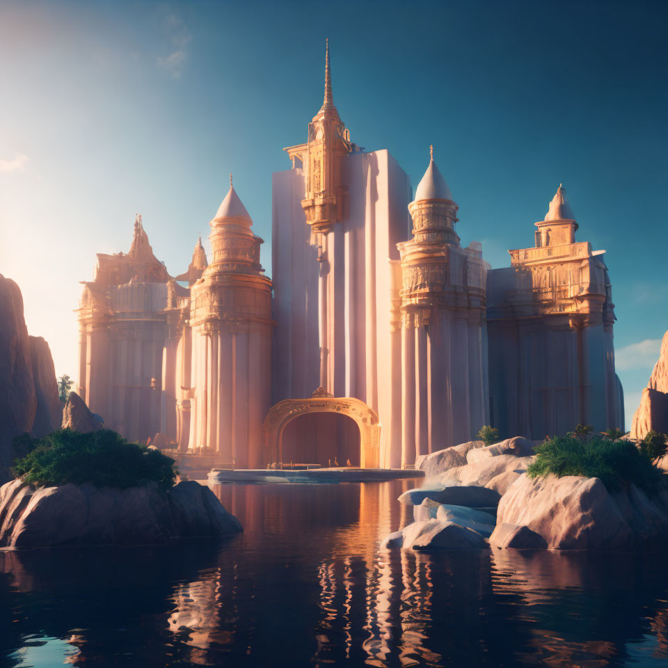 Ethereal fantasy castle in sunlight by tranquil lake